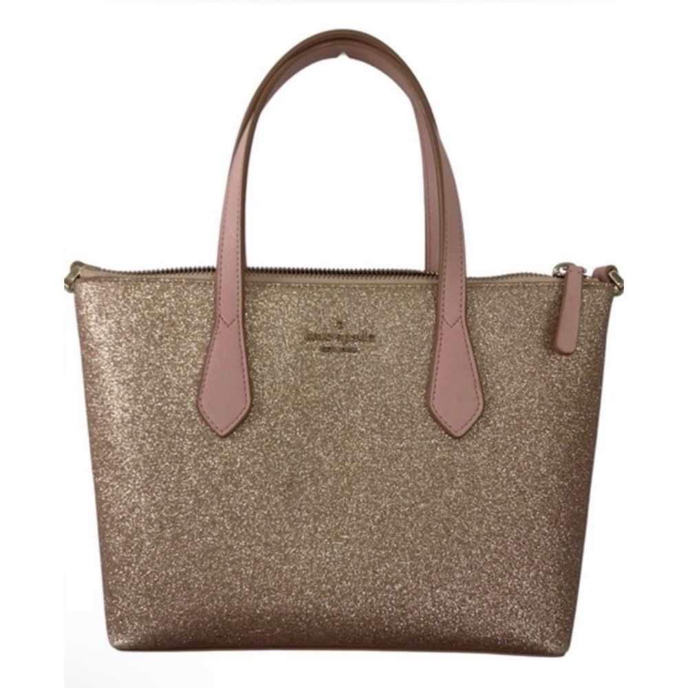 Kate Spade Rose Gold Glitter Mini Tote Bag Pink Leather Trim Satchel Handbag